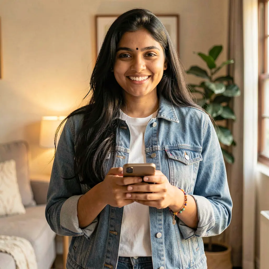 Smiling Bangladeshi woman enjoying the 588BD mobile casino app on her smartphone in a relaxed indoor setting