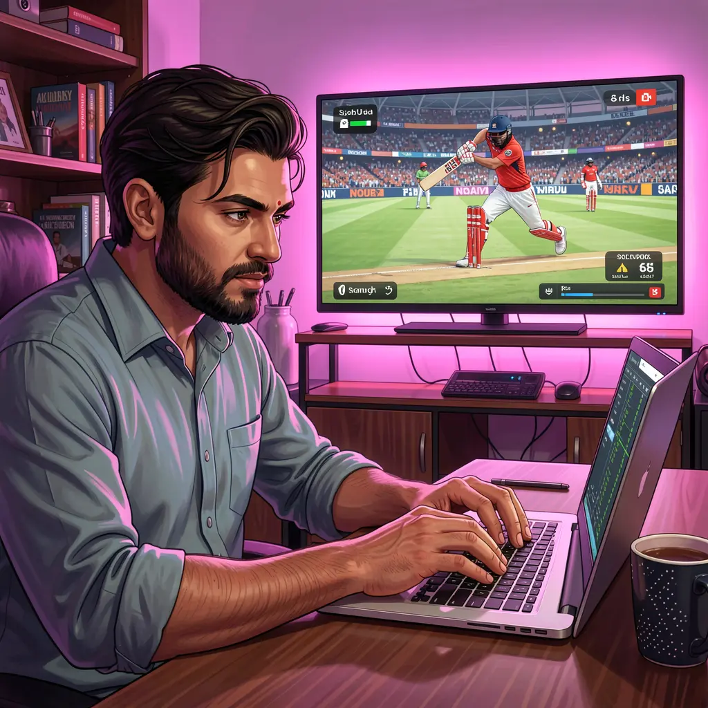 Focused Bangladeshi player placing live cricket bets on a laptop with colorful game visuals using the 588BD platform