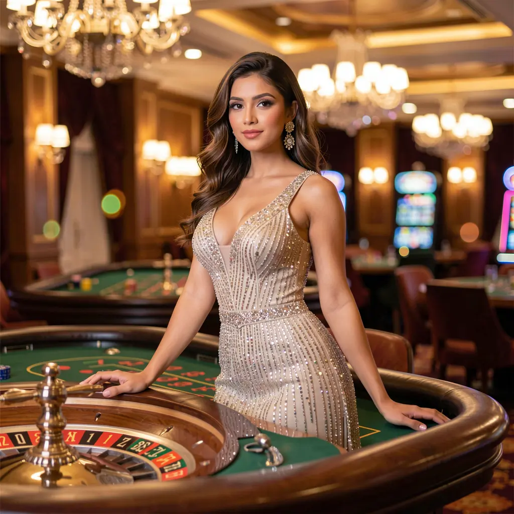Elegant casino atmosphere with a glamorous woman at a roulette table showcasing the premium gaming experience available at 588BD casino in Bangladesh